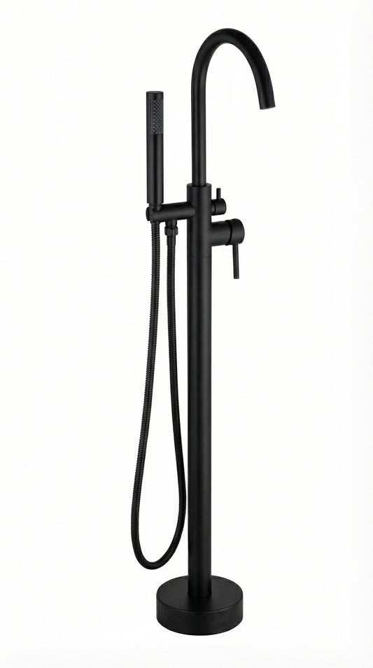 Grifo De Piso Cuello Cisne Mezclador Monocontrol Con Soporte Y Teleducha Acabado Dorado Brillante En Material Bronce Para Tina O Bañera Incluye Tornillos De Fijación Y Par De Acoples Flexometálicos