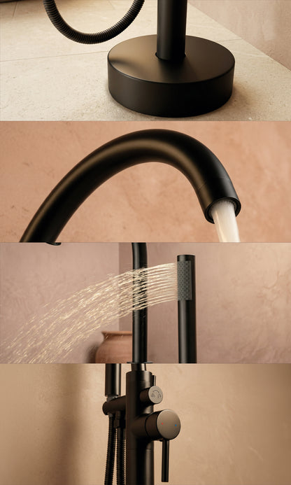 Grifo De Piso Cuello Cisne Mezclador Monocontrol Con Soporte Y Teleducha Acabado Dorado Brillante En Material Bronce Para Tina O Bañera Incluye Tornillos De Fijación Y Par De Acoples Flexometálicos