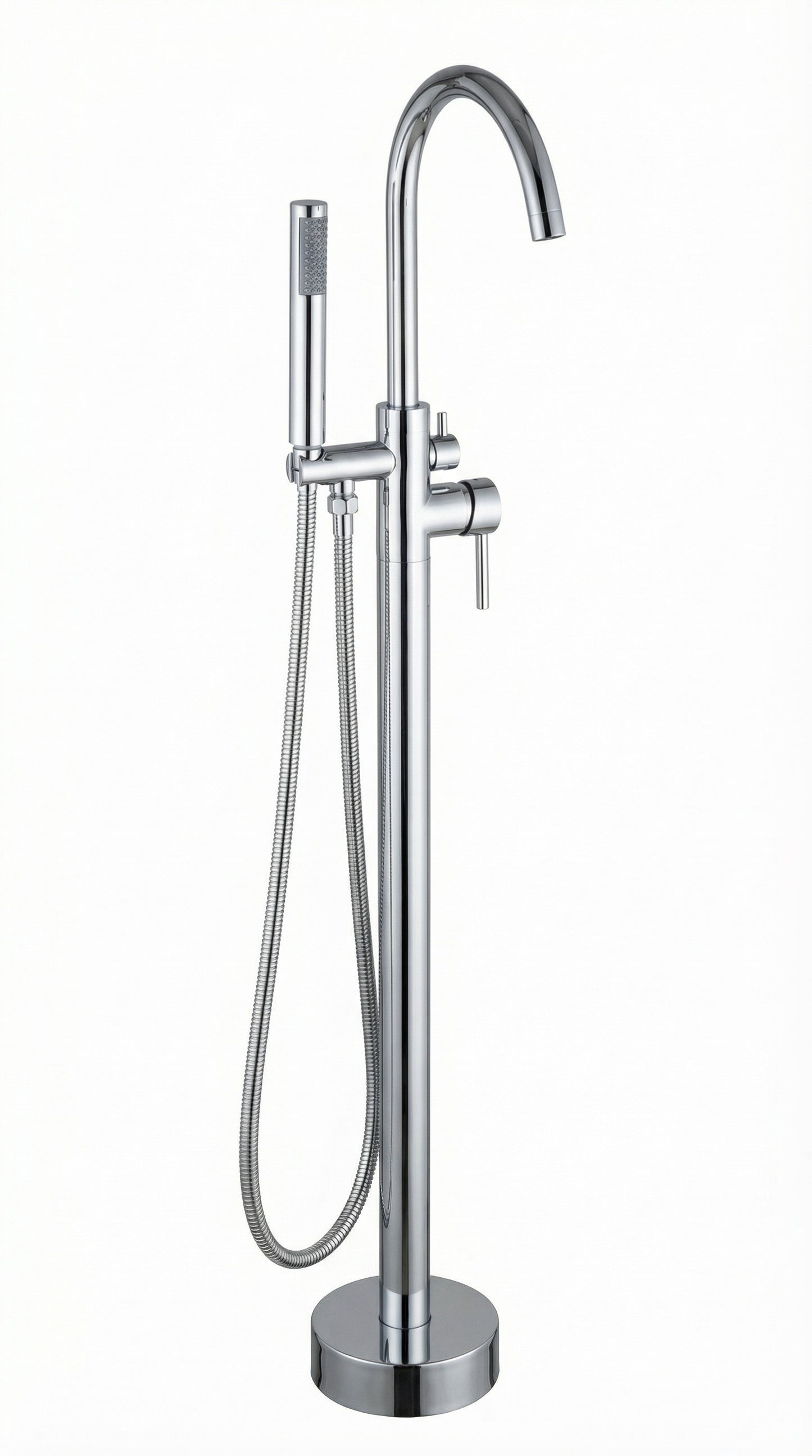 Grifo De Piso Cuello Cisne Mezclador Monocontrol Con Soporte Y Teleducha Acabado Dorado Brillante En Material Bronce Para Tina O Bañera Incluye Tornillos De Fijación Y Par De Acoples Flexometálicos