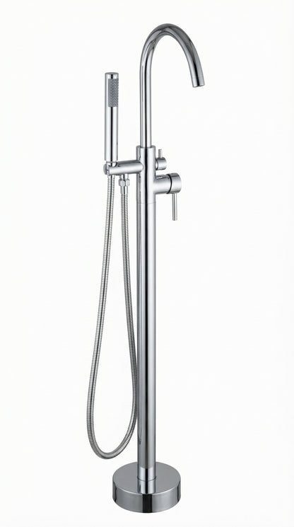 Grifo De Piso Cuello Cisne Mezclador Monocontrol Con Soporte Y Teleducha Acabado Dorado Brillante En Material Bronce Para Tina O Bañera Incluye Tornillos De Fijación Y Par De Acoples Flexometálicos