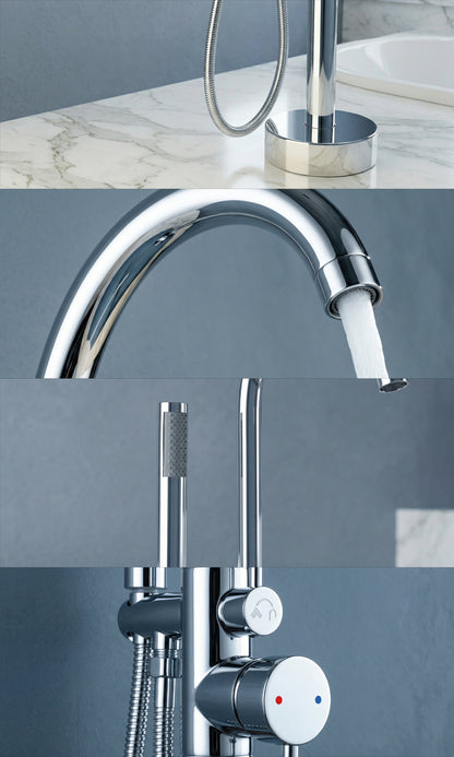 Grifo De Piso Cuello Cisne Mezclador Monocontrol Con Soporte Y Teleducha Acabado Dorado Brillante En Material Bronce Para Tina O Bañera Incluye Tornillos De Fijación Y Par De Acoples Flexometálicos