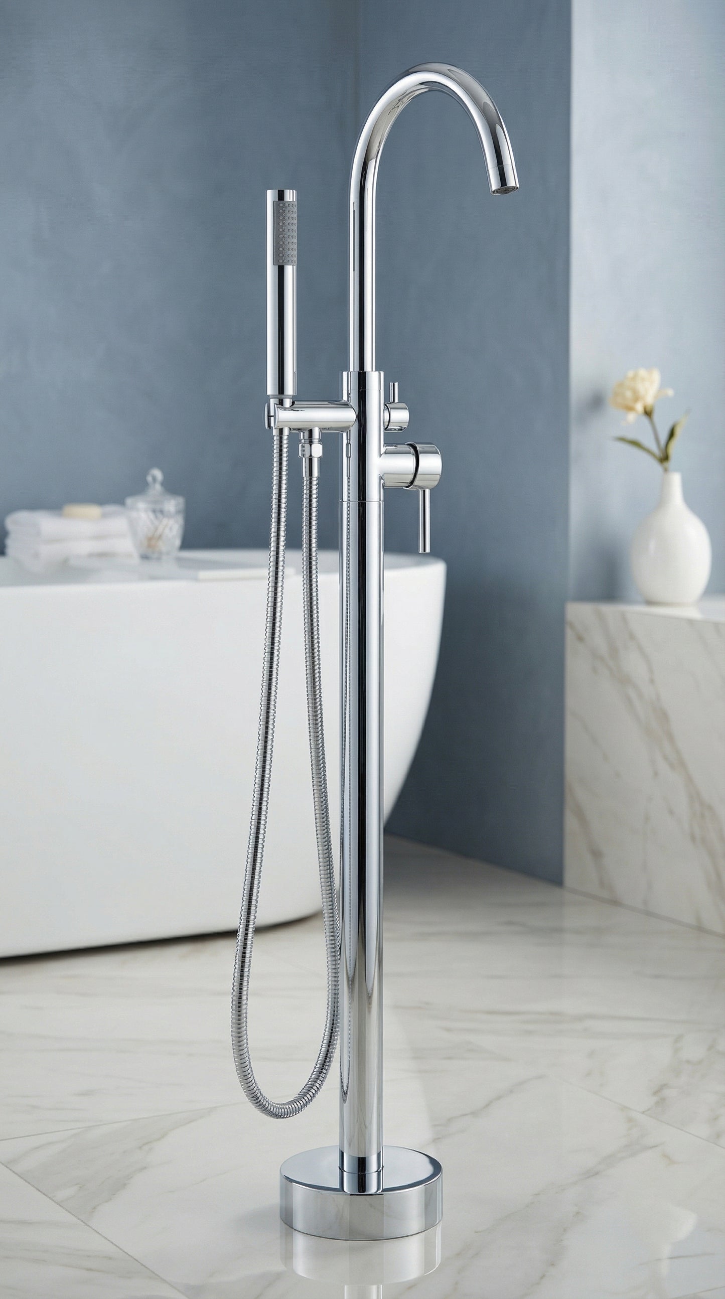 Grifo De Piso Cuello Cisne Mezclador Monocontrol Con Soporte Y Teleducha Acabado Dorado Brillante En Material Bronce Para Tina O Bañera Incluye Tornillos De Fijación Y Par De Acoples Flexometálicos