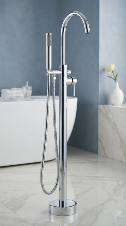 Grifo De Piso Cuello Cisne Mezclador Monocontrol Con Soporte Y Teleducha Acabado Dorado Brillante En Material Bronce Para Tina O Bañera Incluye Tornillos De Fijación Y Par De Acoples Flexometálicos