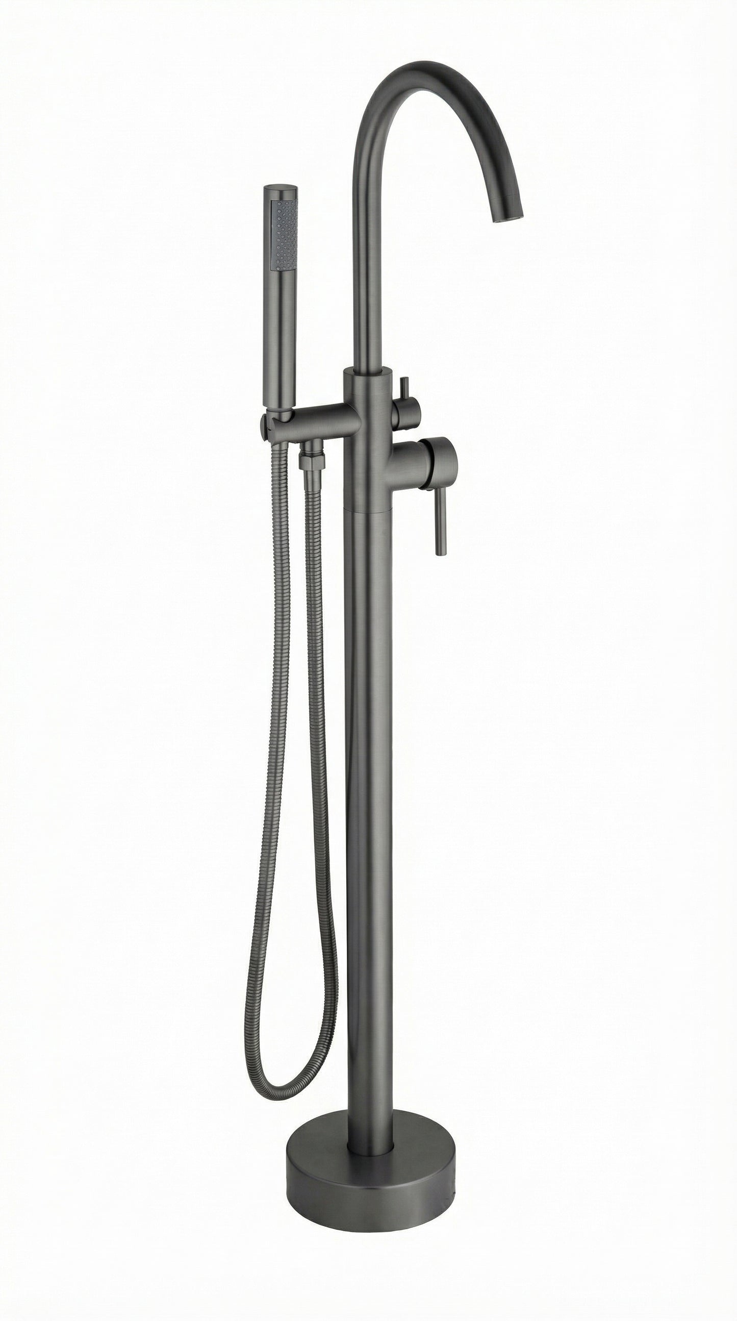 Grifo De Piso Cuello Cisne Mezclador Monocontrol Con Soporte Y Teleducha Acabado Dorado Brillante En Material Bronce Para Tina O Bañera Incluye Tornillos De Fijación Y Par De Acoples Flexometálicos