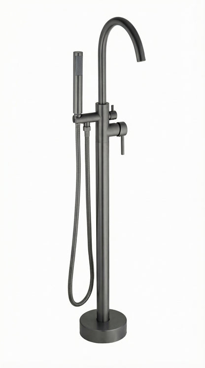 Grifo De Piso Cuello Cisne Mezclador Monocontrol Con Soporte Y Teleducha Acabado Dorado Brillante En Material Bronce Para Tina O Bañera Incluye Tornillos De Fijación Y Par De Acoples Flexometálicos