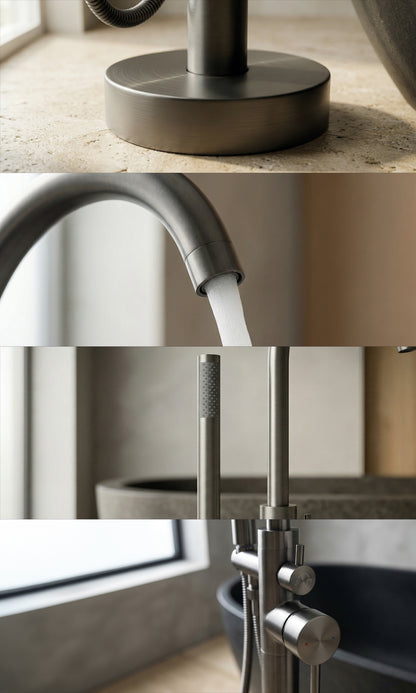 Grifo De Piso Cuello Cisne Mezclador Monocontrol Con Soporte Y Teleducha Acabado Dorado Brillante En Material Bronce Para Tina O Bañera Incluye Tornillos De Fijación Y Par De Acoples Flexometálicos