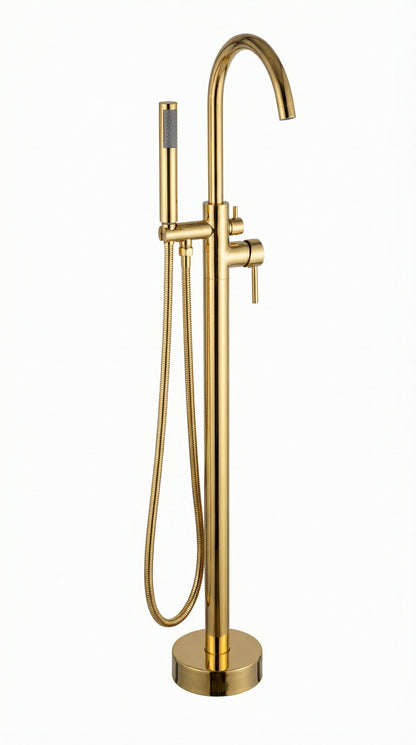 Grifo De Piso Cuello Cisne Mezclador Monocontrol Con Soporte Y Teleducha Acabado Dorado Brillante En Material Bronce Para Tina O Bañera Incluye Tornillos De Fijación Y Par De Acoples Flexometálicos