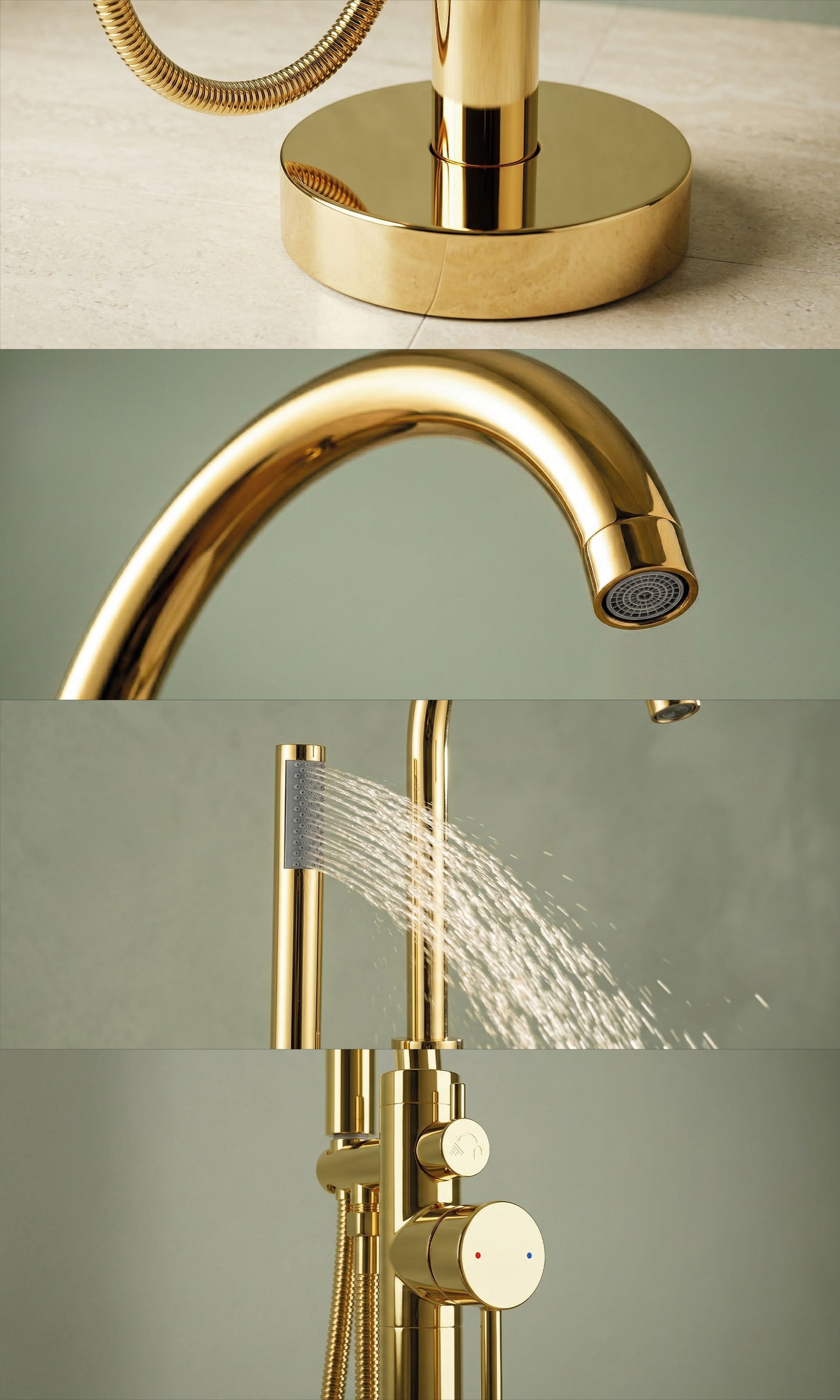 Grifo De Piso Cuello Cisne Mezclador Monocontrol Con Soporte Y Teleducha Acabado Dorado Brillante En Material Bronce Para Tina O Bañera Incluye Tornillos De Fijación Y Par De Acoples Flexometálicos