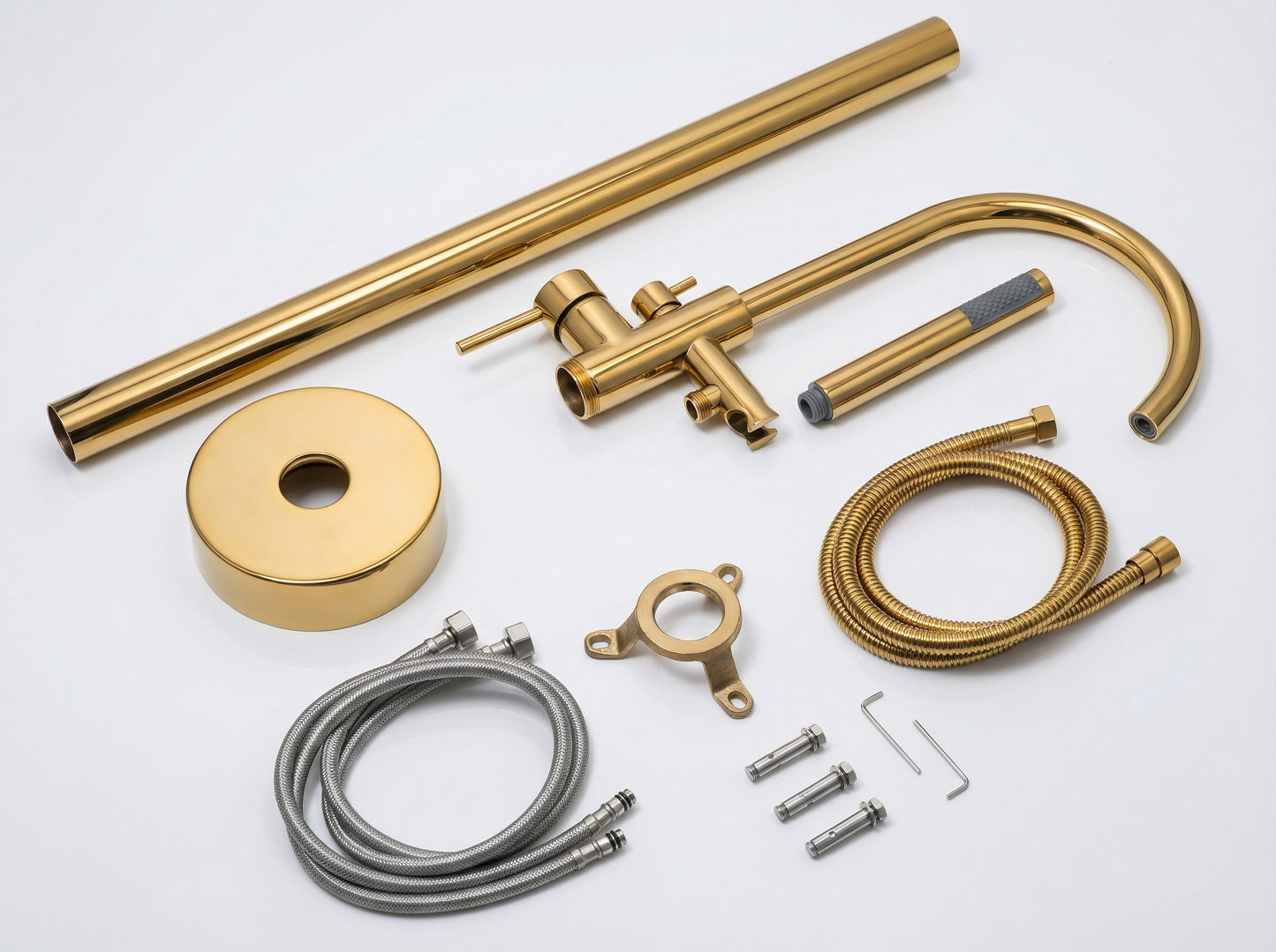 Grifo De Piso Cuello Cisne Mezclador Monocontrol Con Soporte Y Teleducha Acabado Dorado Brillante En Material Bronce Para Tina O Bañera Incluye Tornillos De Fijación Y Par De Acoples Flexometálicos