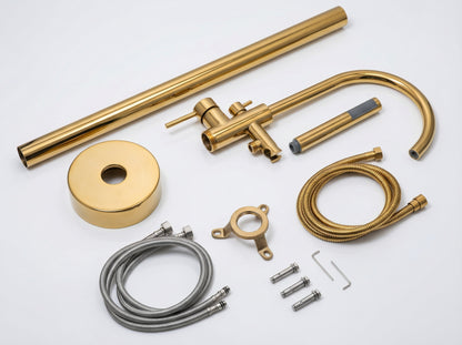 Grifo De Piso Cuello Cisne Mezclador Monocontrol Con Soporte Y Teleducha Acabado Dorado Brillante En Material Bronce Para Tina O Bañera Incluye Tornillos De Fijación Y Par De Acoples Flexometálicos