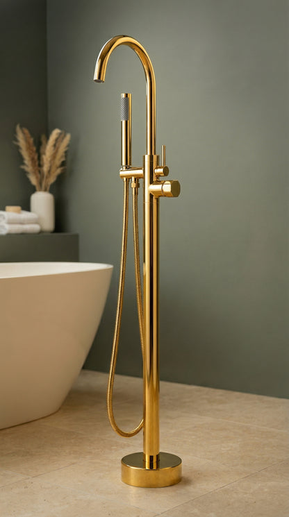 Grifo De Piso Cuello Cisne Mezclador Monocontrol Con Soporte Y Teleducha Acabado Dorado Brillante En Material Bronce Para Tina O Bañera Incluye Tornillos De Fijación Y Par De Acoples Flexometálicos